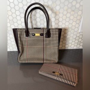 RALPH LAUREN Brown Houndstooth Vintage Tote  Handbag Bag Matching Wallet Preppy